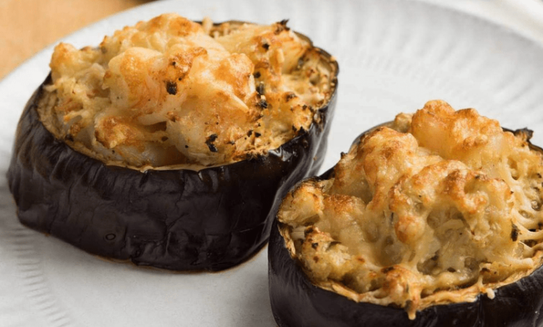 LEAN & GREEN STUFFED EGGPLANT WITH CAULIFLOWER RICE & SHRIMP