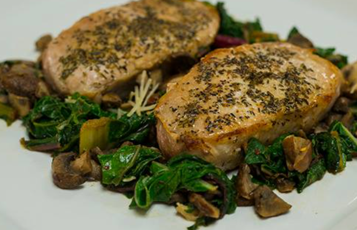 Pork Chops with Sautéed Chard and Mushrooms